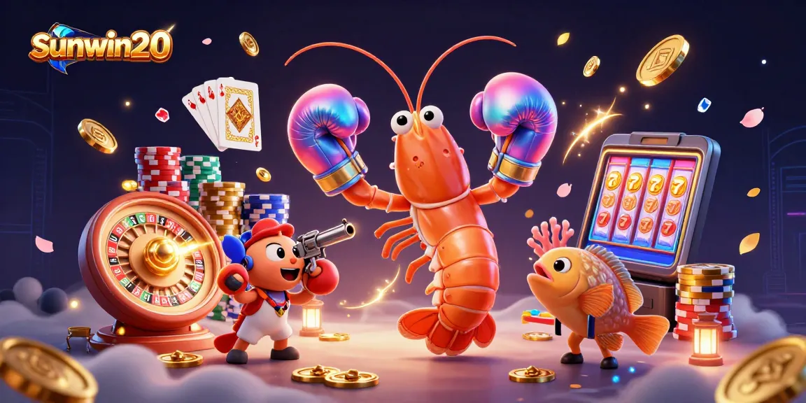 Win big with sunwin20 at this vibrant 3D casino scene featuring exciting characters and games.