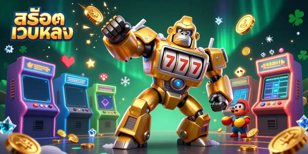 Engage in thrilling สล็อตเว็บตรง gameplay showcased through a dynamic 3D gorilla mech and vibrant game elements.