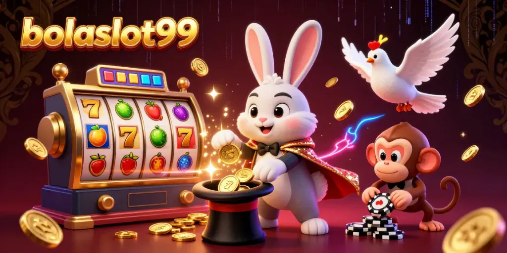 Experience excitement with bolaslot99 as a magician rabbit delivers gold coins amidst a vibrant casino scene.