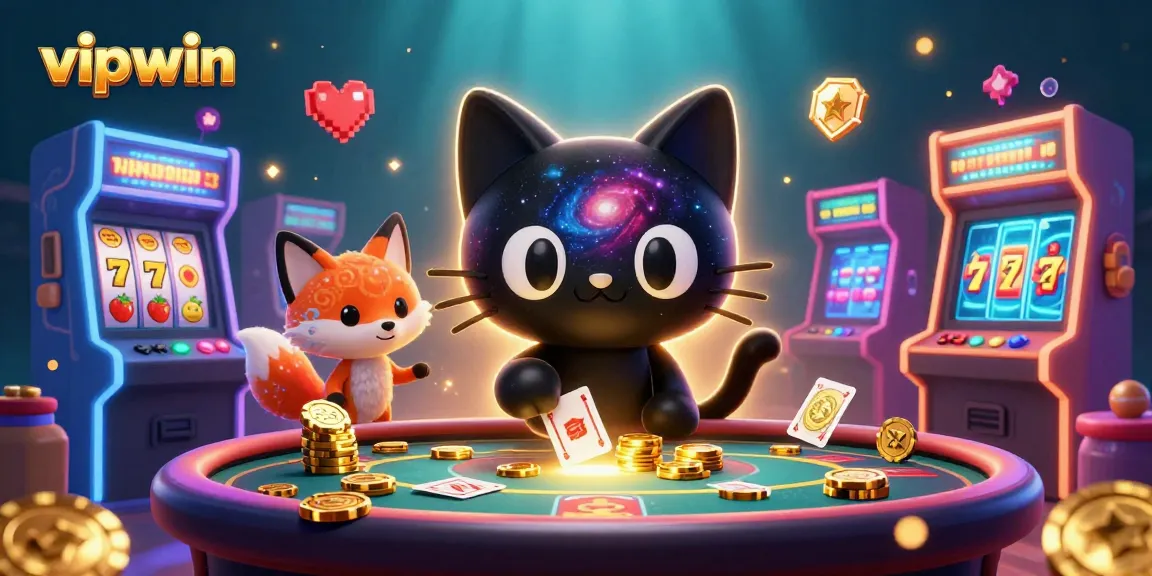 Engage in the thrilling world of vipwin as a cosmic cat pulls in golden chips at a vibrant casino.