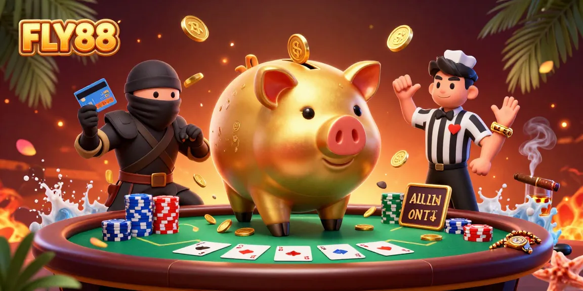 FLY88 showcases a dynamic gaming scene with a sumo wrestler and characters engaging in casino fun.