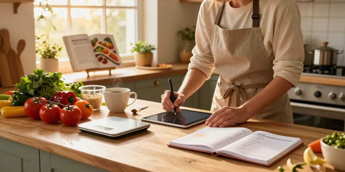 Best food tracking app: home cook logging meals with fresh ingredients in a cozy kitchen.