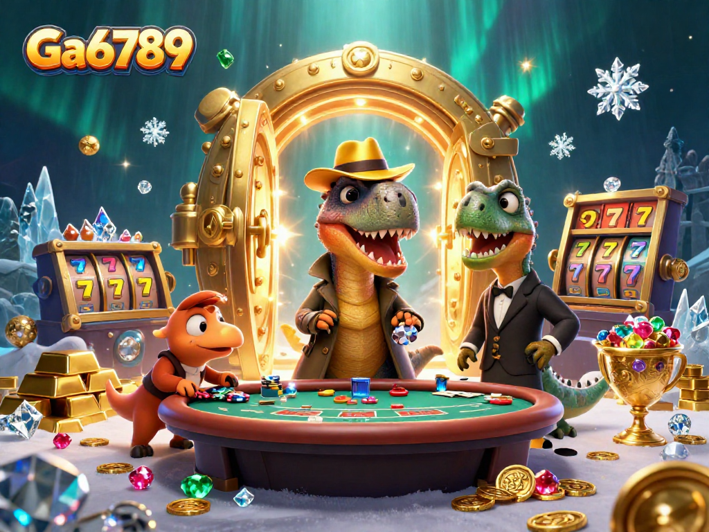 Ga6789 showcases a 3D velociraptor card counter at a blackjack table in a vibrant casino scene.