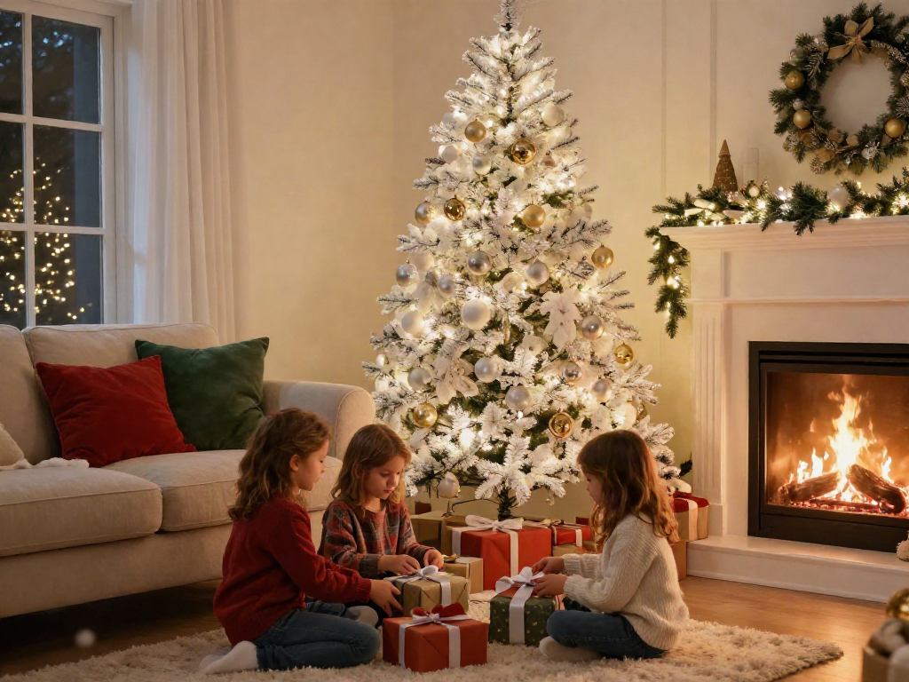 Family celebrating around a beautifully decorated white tree xmas in a cozy living room.