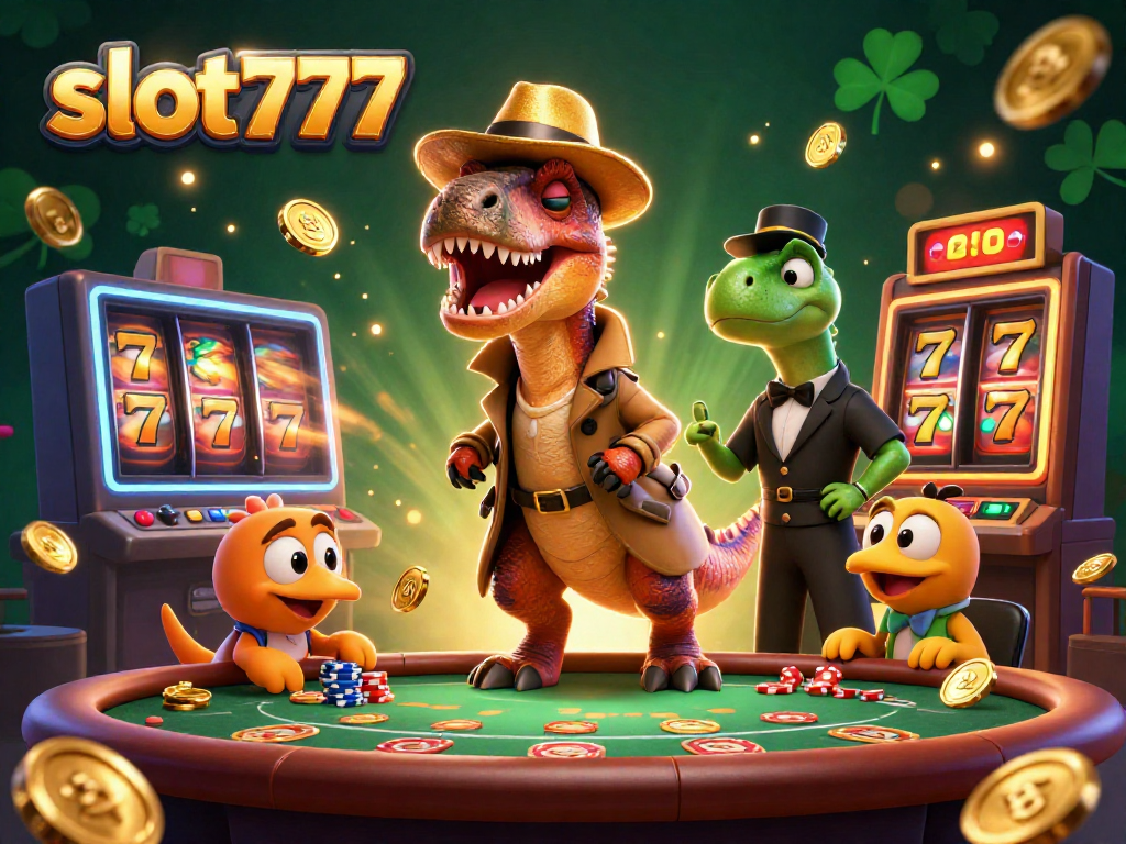 Engage with slot777 and witness a velociraptor card counter at a blackjack table, surrounded by dynamic casino elements.