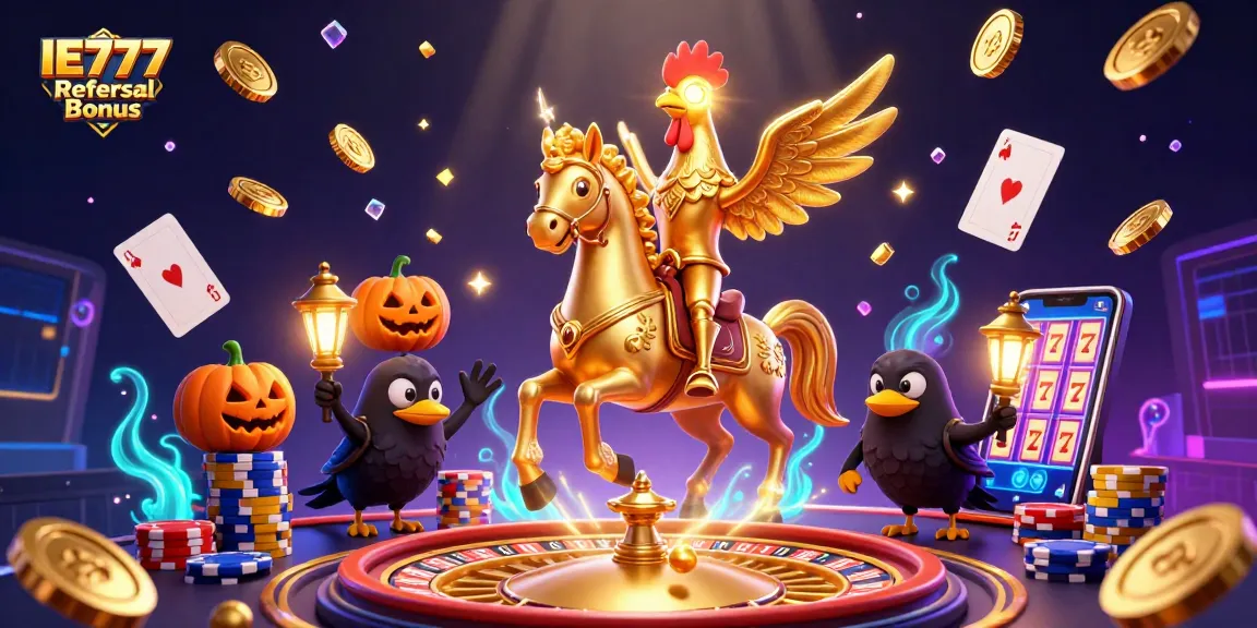 Experience the excitement of the IE777 Referral Bonus with a vibrant 3D casino scene filled with golden treasures.