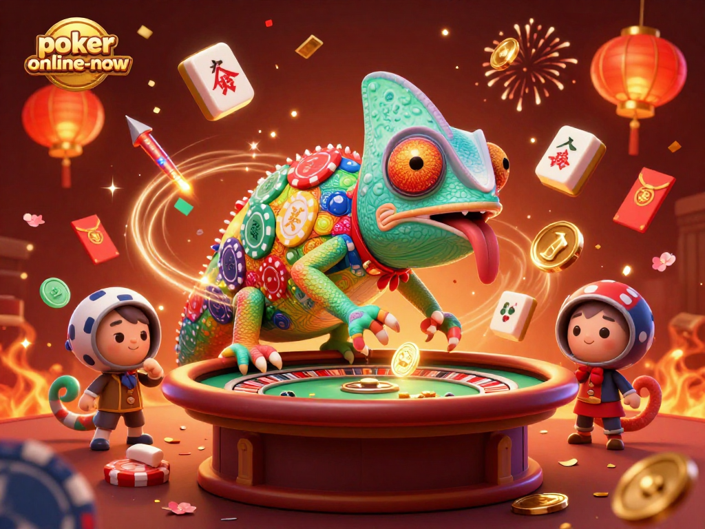Experience thrilling gameplay at poker-online-now with a vibrant casino illustration featuring a colorful chameleon and festive elements.