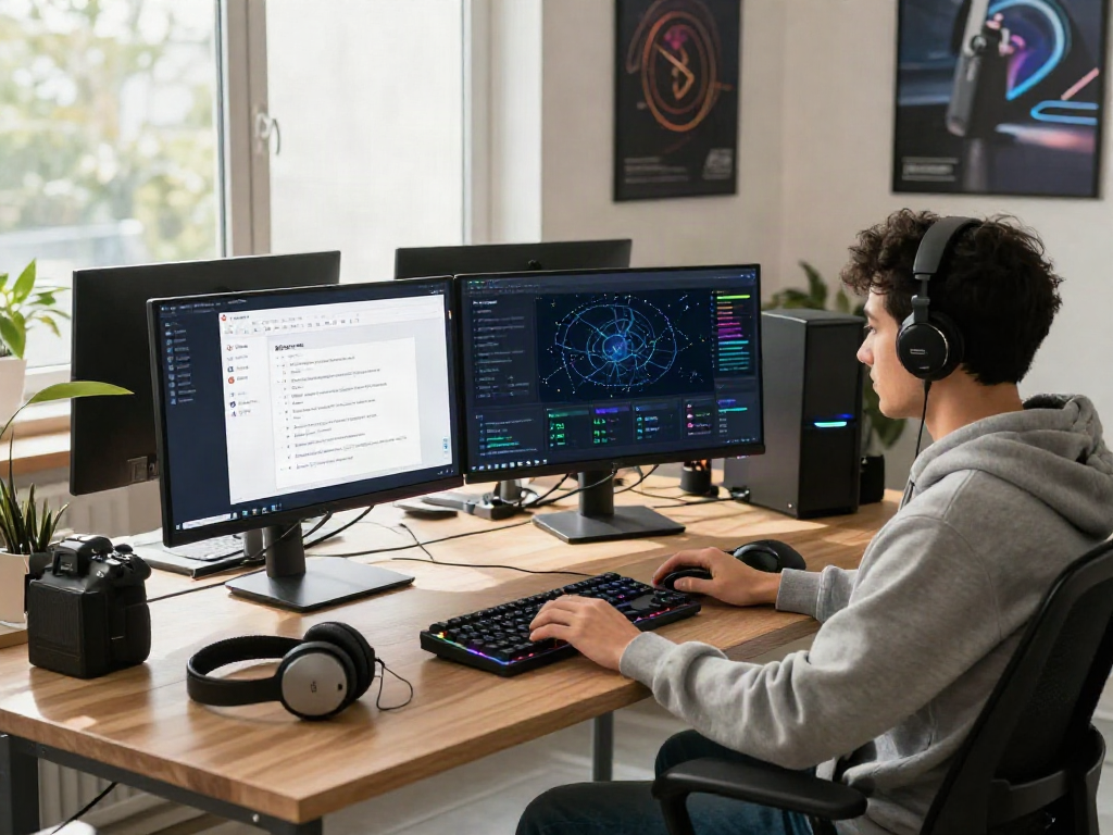 开发者在现代办公室使用快连下载应用进行网络连接，工作区布置现代，阳光明亮
