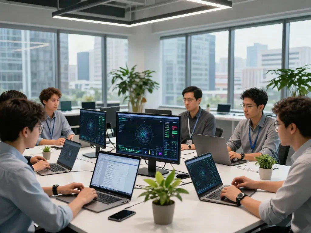 Engineers collaborating in a modern workspace powering the AI Token Economy with advanced computing technology.