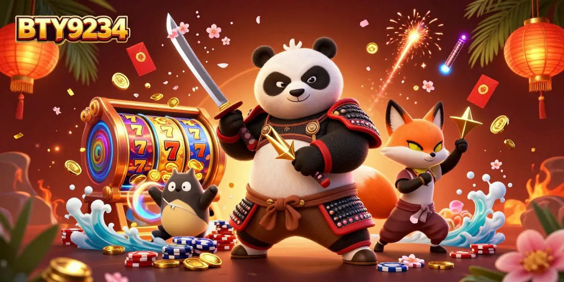 Engage with BTY9234's vibrant online casino scene featuring a samurai panda, ninja fox, and fortune elements.