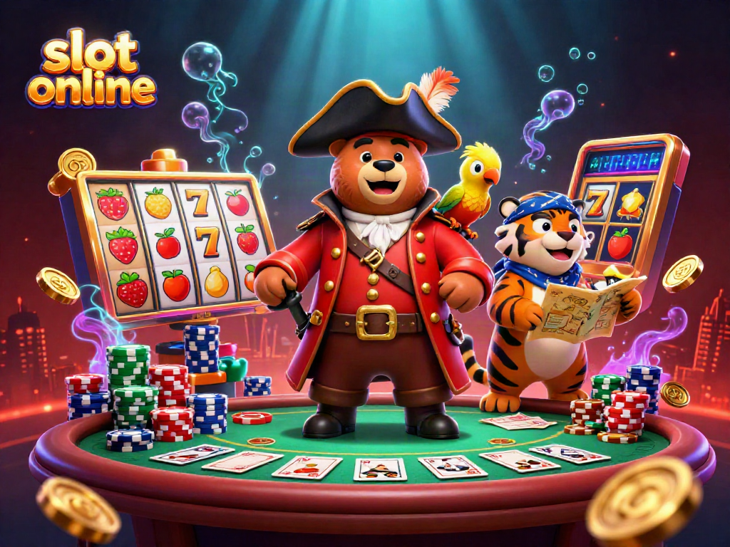 Engage with the thrilling slot online adventure featuring a bear captain, tiger, and golden parrot amidst vibrant casino elements.