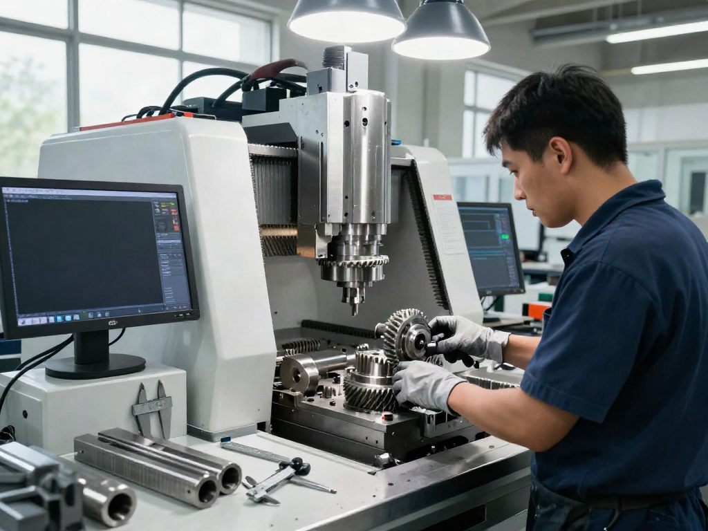 CNC machined stainless steel parts being produced in a professional workshop with advanced machinery and skilled technicians.