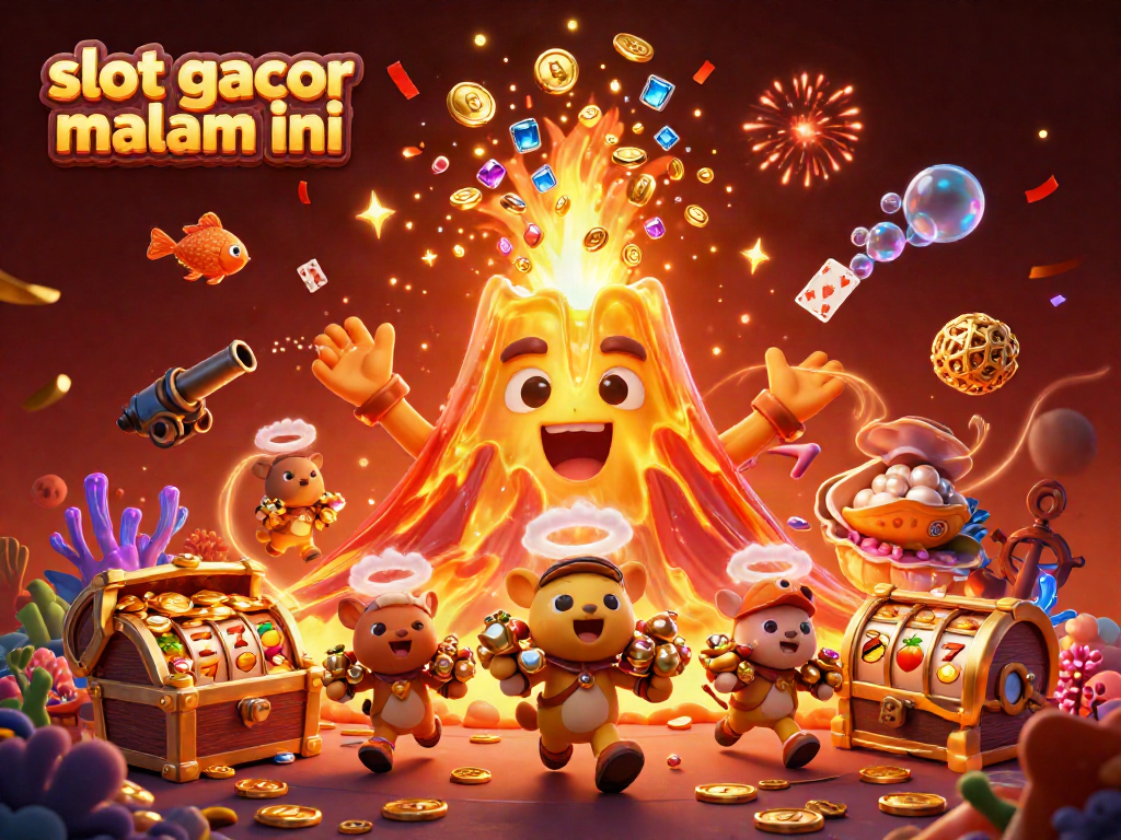 Slot gacor malam ini menunjukkan gunung berapi emas yang memancarkan koin, dengan hewan penjelajah mengumpulkan harta.