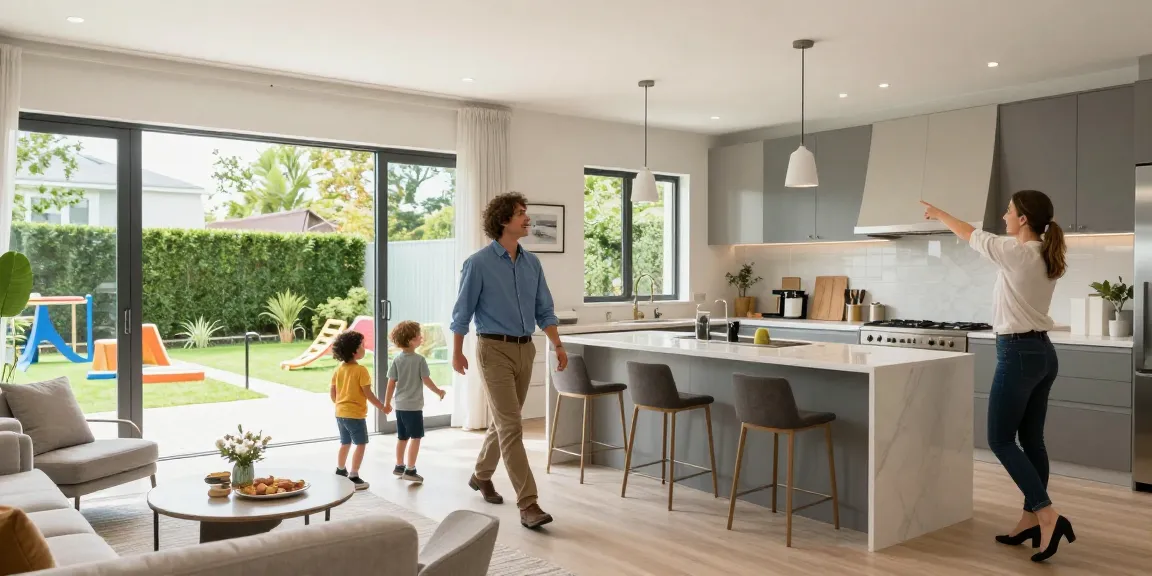Família analisando uma casa moderna da Woning-unie, destacando o design do interior e um ambiente acolhedor.