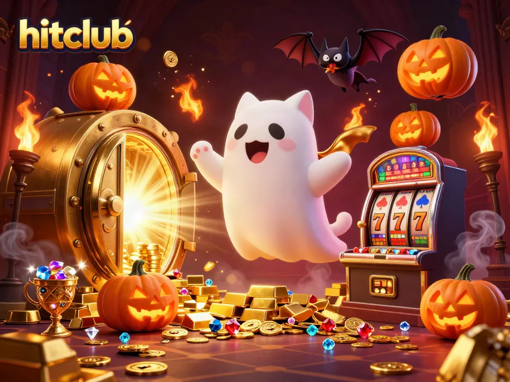 Hitclub ghost cat explores a haunted casino filled with treasures, slot games, and glowing jack-o-lanterns.