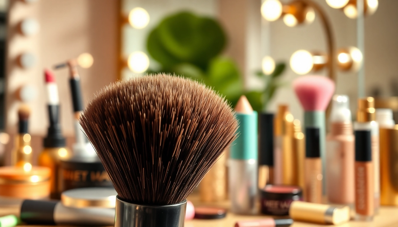 Applying makeup with a dense makeup brush for flawless coverage.