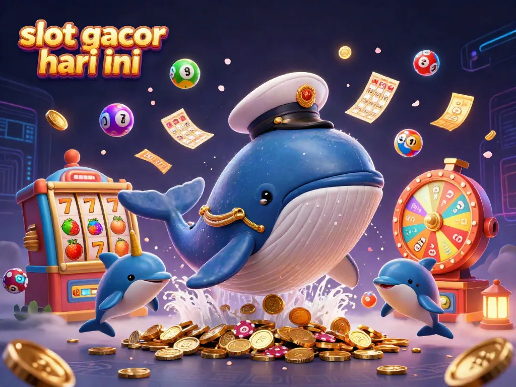 Ilustrasi 3D slot gacor hari ini dengan paus raksasa dan simbol keberuntungan di lautan koin.
