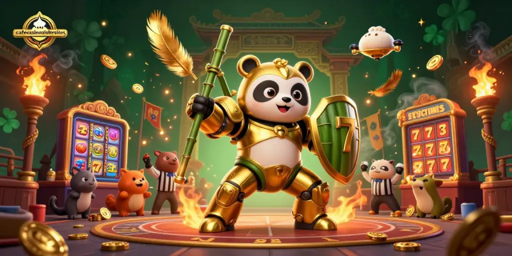 Cafecasinosistersites showcases an energetic casino scene with a mech-suit panda, slot reels, and cheering spectators.