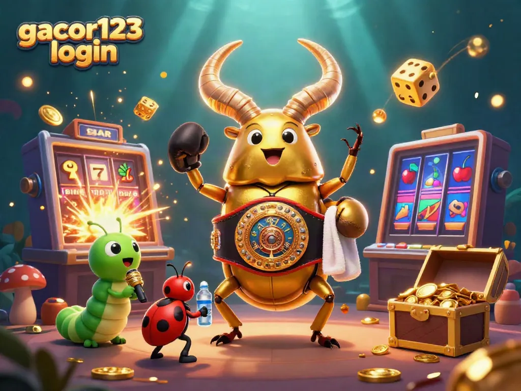 Experience the thrill at gacor123 login with a vibrant casino clash featuring a giant golden beetle and slot machine explosion.