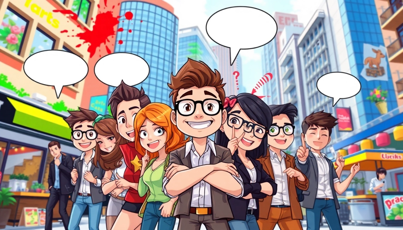 마나토끼와 함께하는 웹툰 주인공들, 화사한 도시 풍경 속에서 활발한 모습으로 대화하고 있습니다.