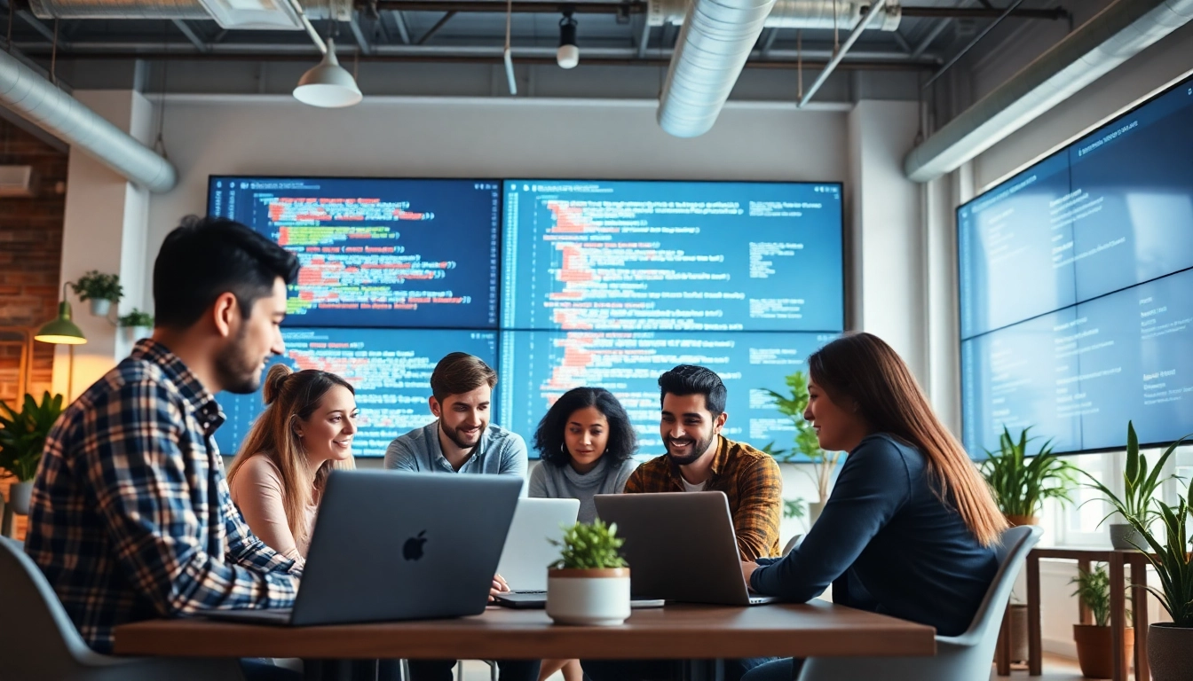 Skilled Shopify development agency team collaborating on a project in a bright office.