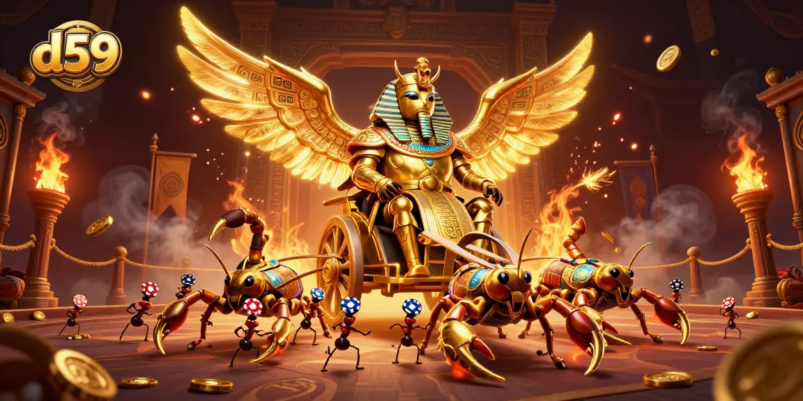 Spin the reels at d59 with a golden scarab beetle and scorpions in a colorful casino scene.