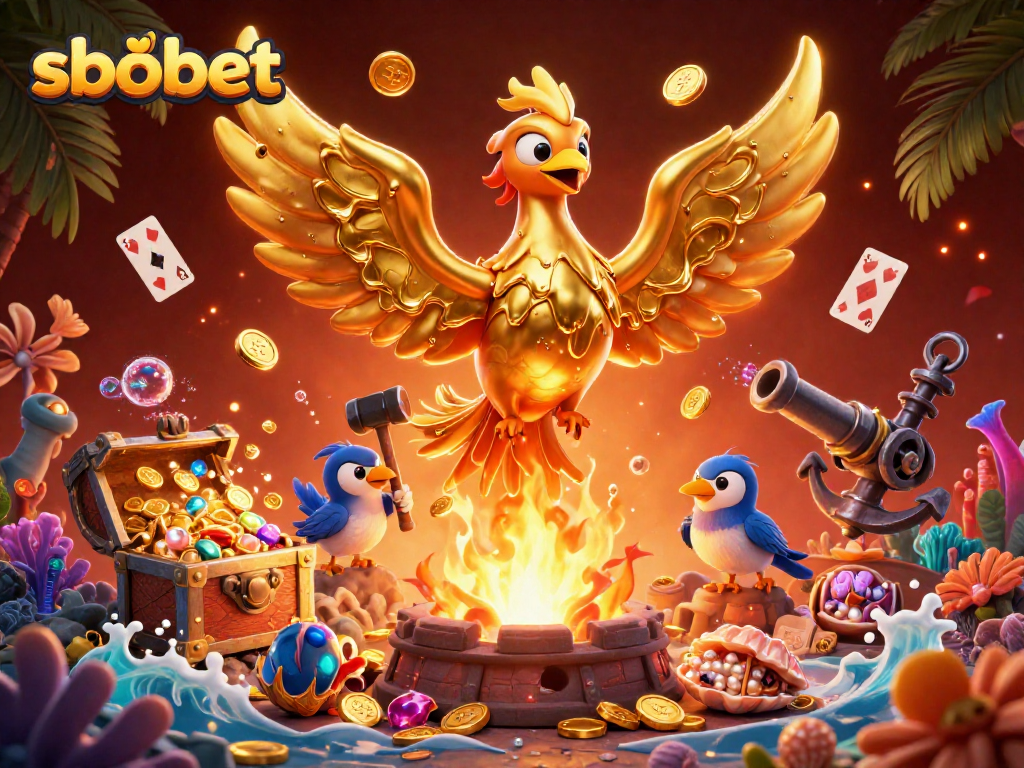 Bet on sbobet with golden phoenix and molten metal themes surrounded by vibrant casino elements.