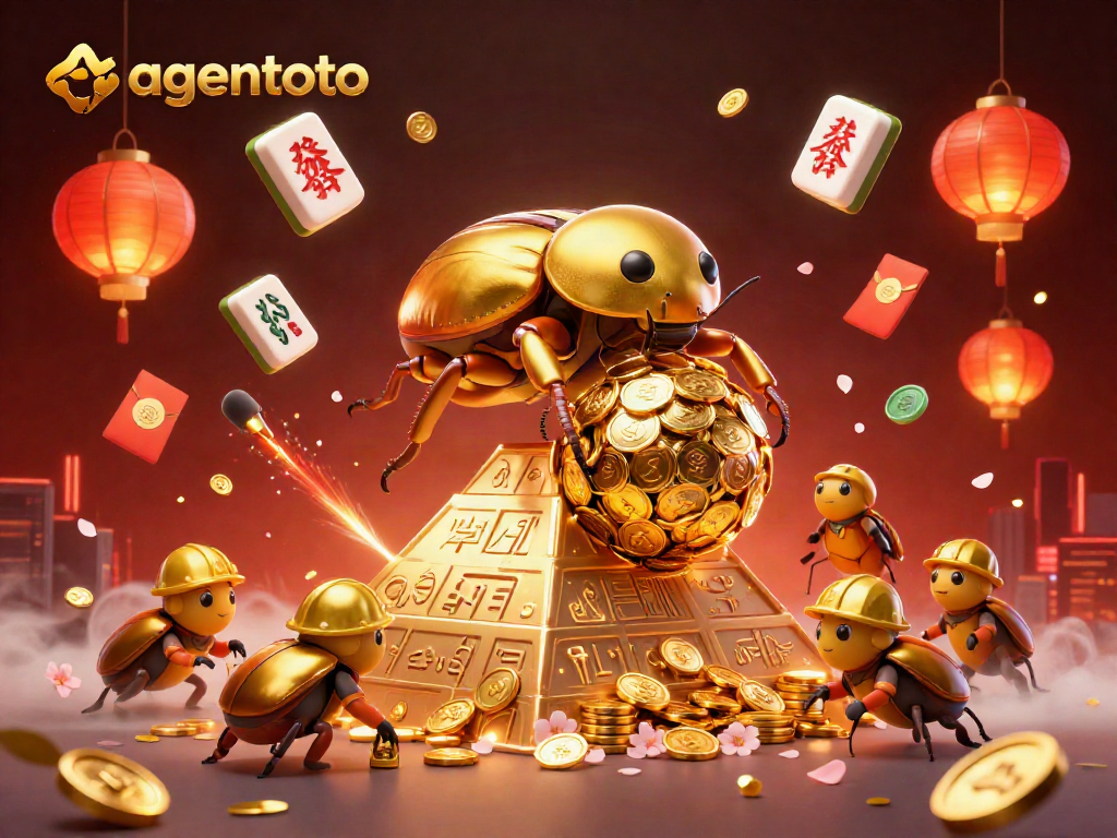 Join agentoto as golden beetles roll coins, celebrating vibrant casino culture with luck and prosperity.