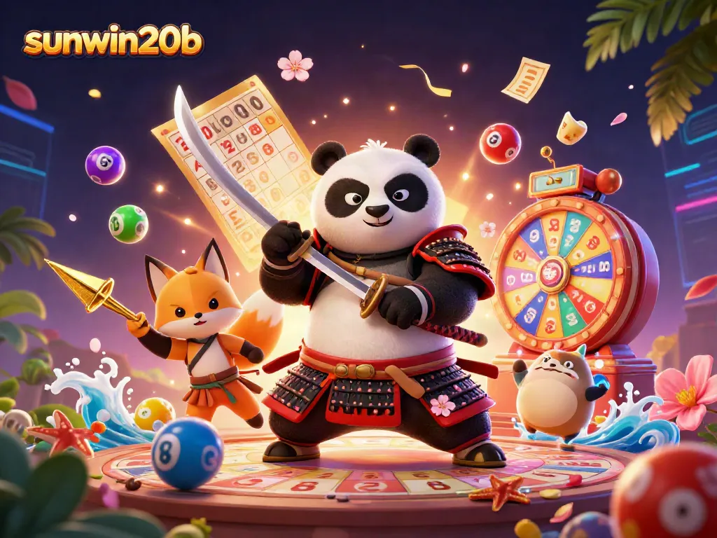 Join the thrilling adventure with sunwin20b, featuring vibrant 3D samurai panda and ninja fox in a dynamic casino scene.