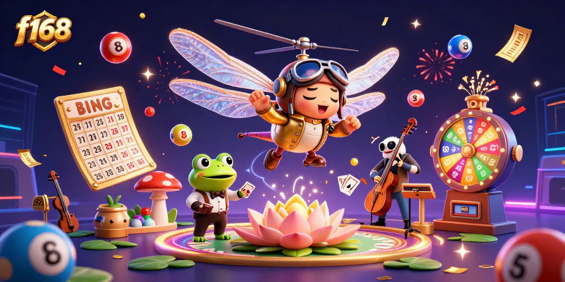 Experience thrilling f168 casino action with a vibrant scene featuring a dragonfly pilot, frog dealer, and jazz musician.