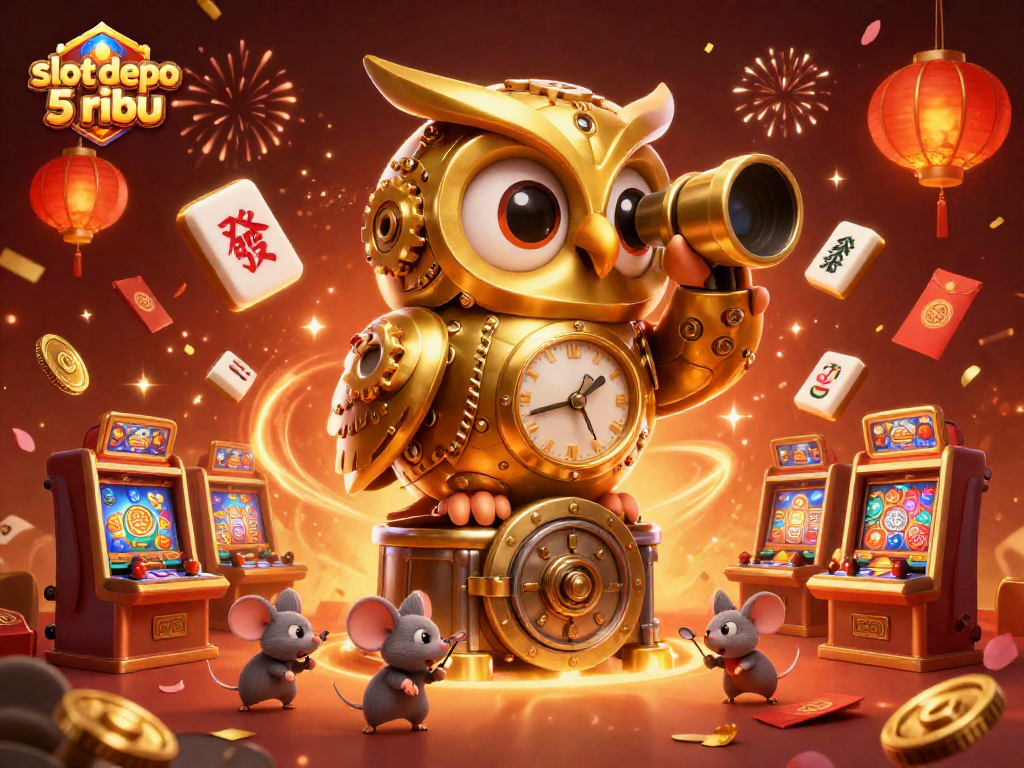 Spin to win with a vibrant scene of slot depo 5 ribu featuring an animated owl, festive decorations, and lucky charms.