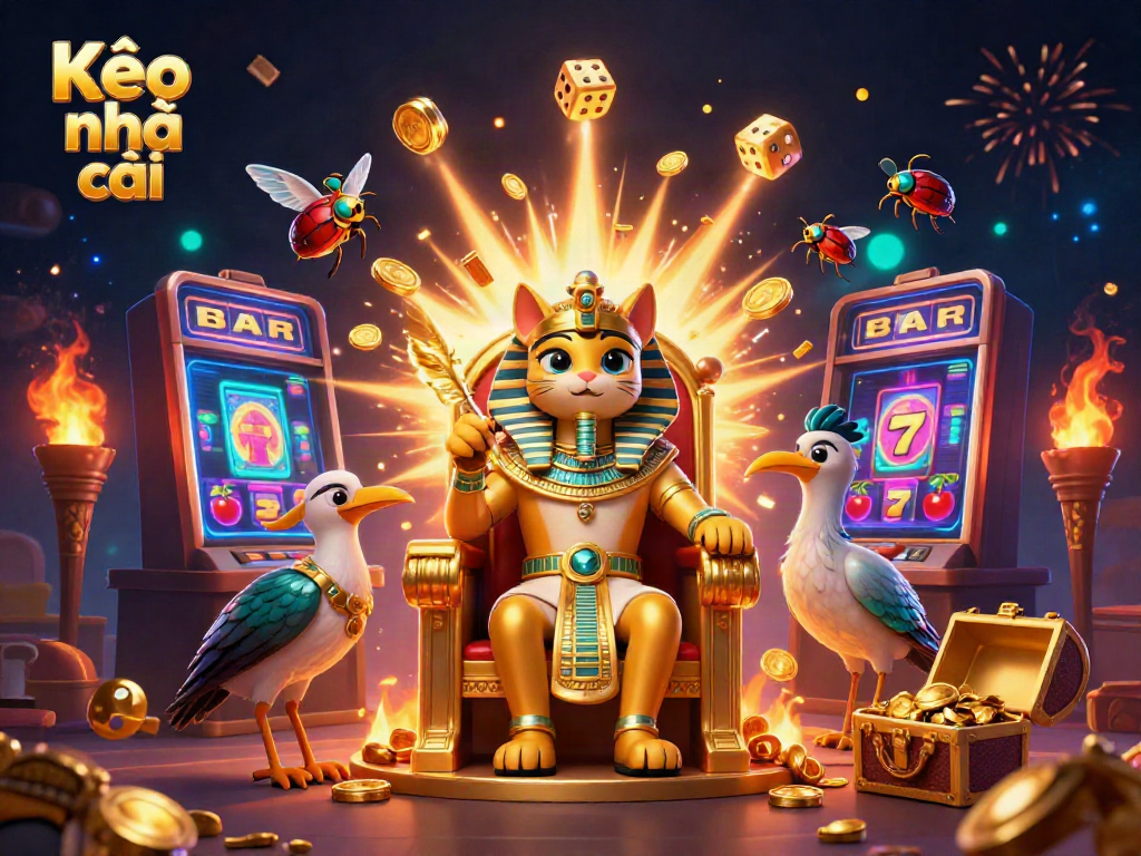 Engaging 3D illustration of Kèo nhà cái with a pharaoh cat and scribe amid casino elements, showcasing vibrant gambling energy.