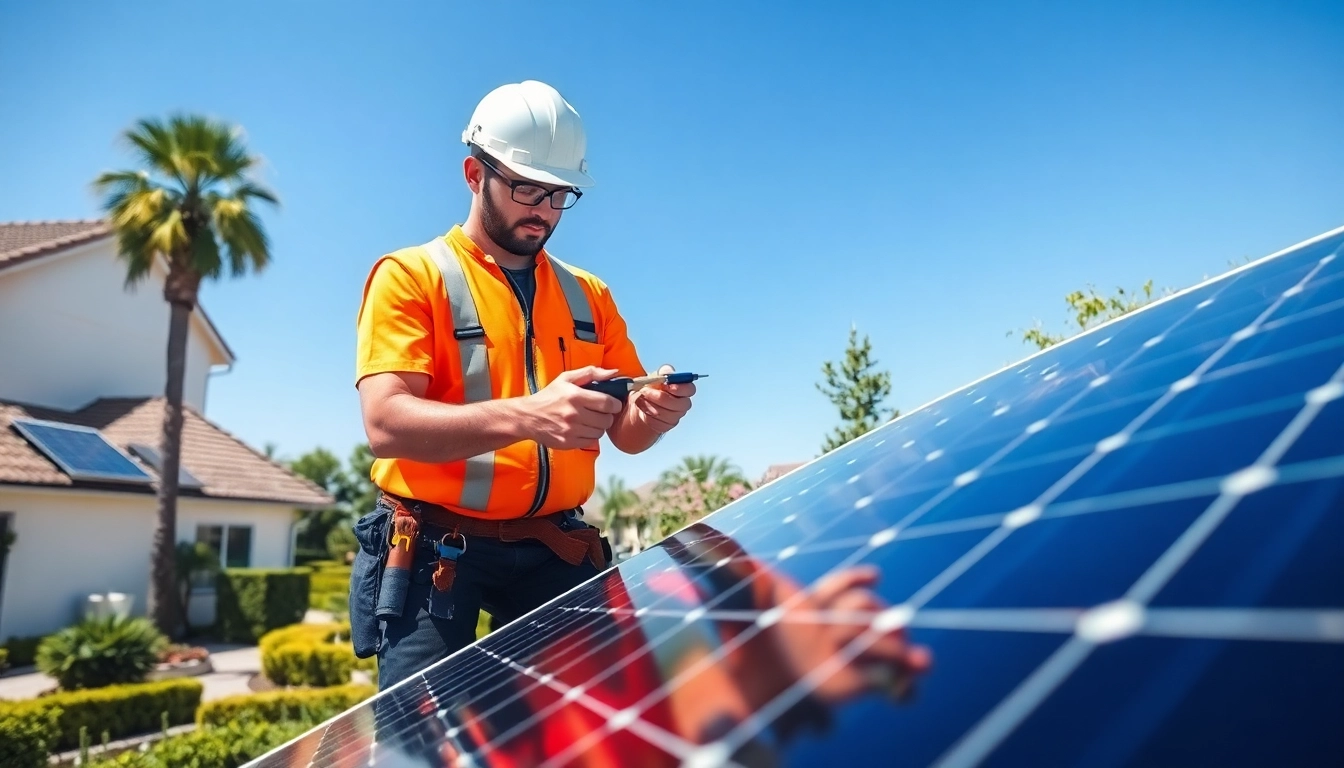 Technician from a solar repair company performing maintenance on solar panels.