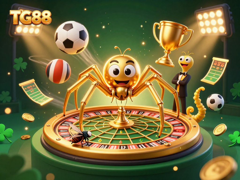 Engage with TG88's thrilling betting experience as a fly nervously places bets beside a golden spider spinning a roulette wheel.