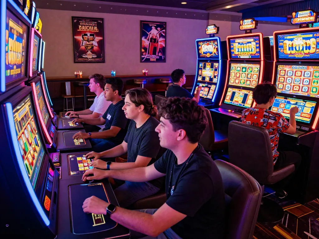 Exciting casino scene of players enjoying slot gacor machines with colorful graphics and lively atmosphere.