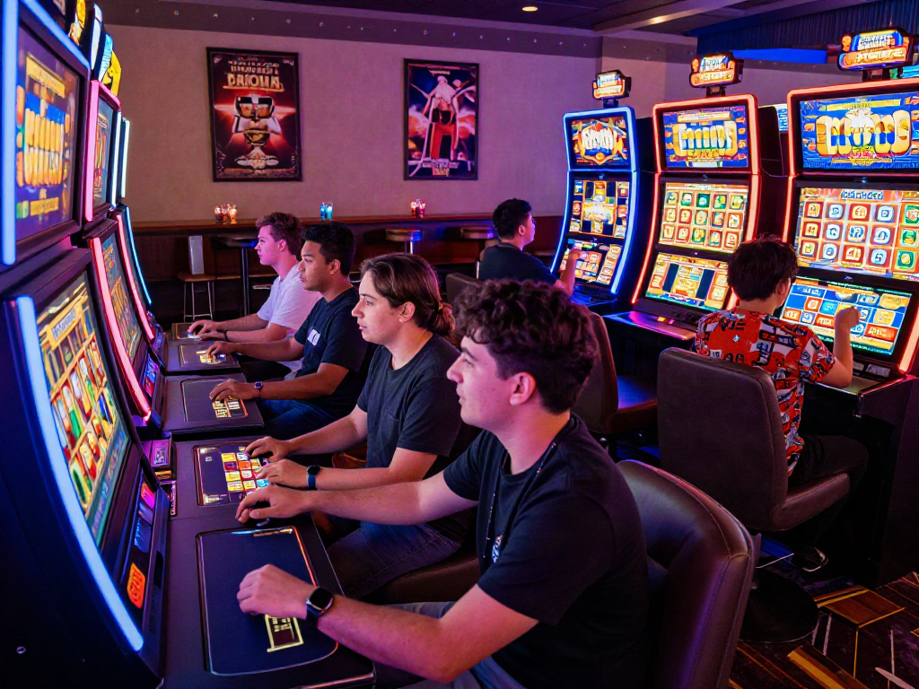 Exciting casino scene of players enjoying slot gacor machines with colorful graphics and lively atmosphere.