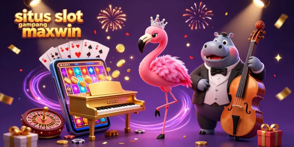Experience the magic of situs slot gampang maxwin with a vibrant casino scene featuring colorful slot games and energetic characters.