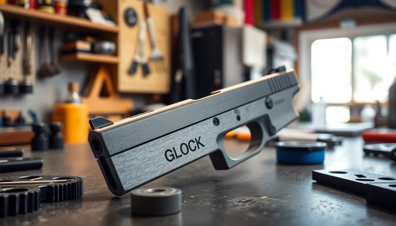 Display of an OEM Glock slide surrounded by tools, showcasing its design and features.