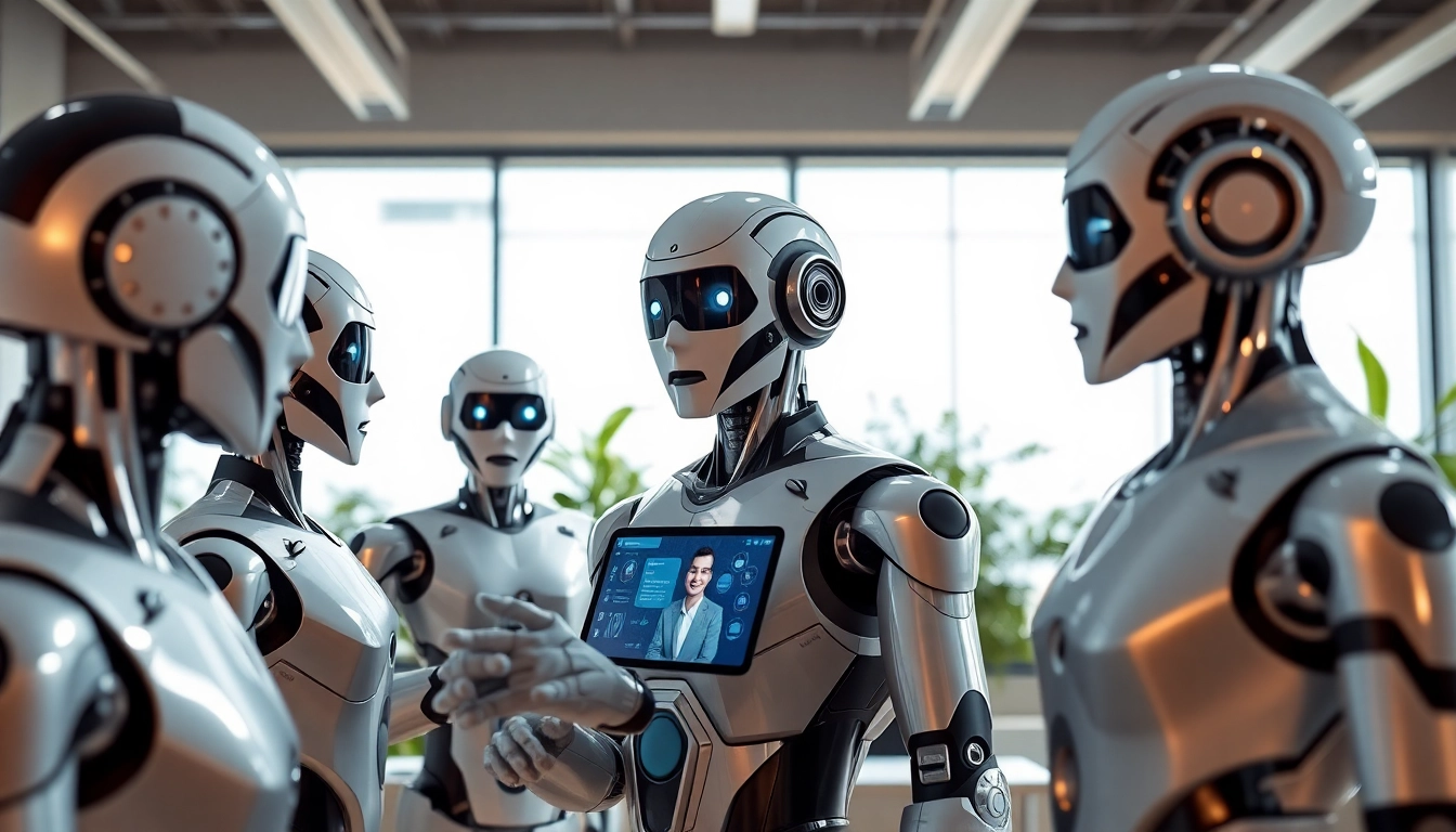 AI Bots interacting in a modern office, showcasing advanced collaboration.