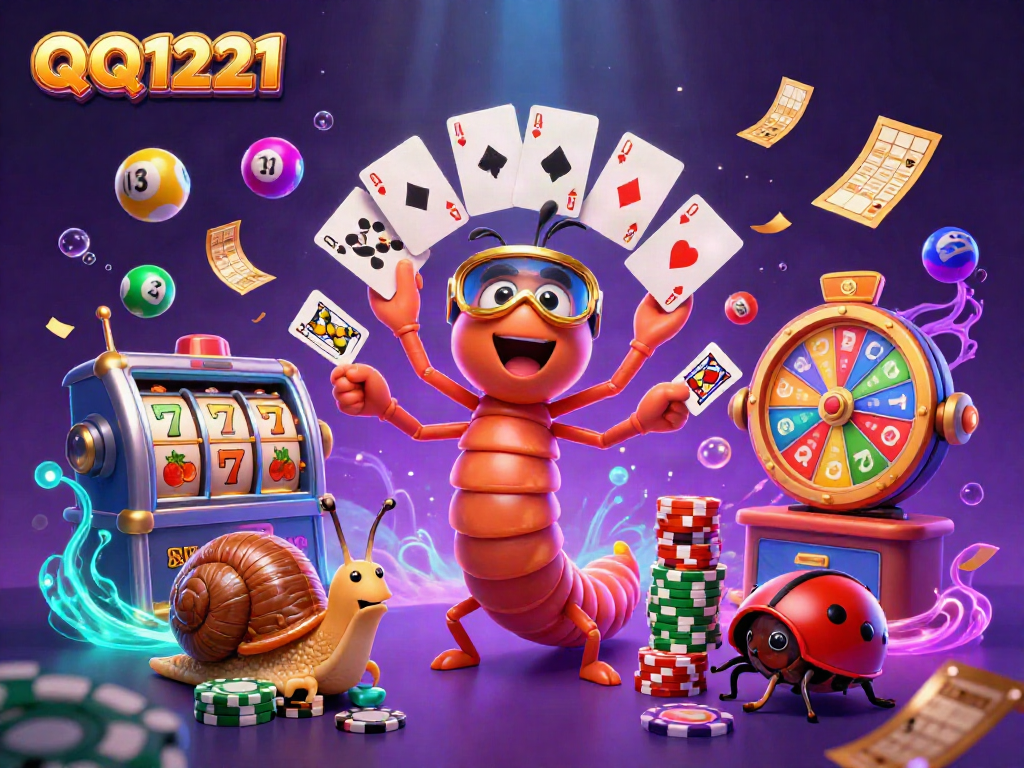 Engage with QQ1221's vibrant casino scene featuring a cartoon dealer and lottery elements