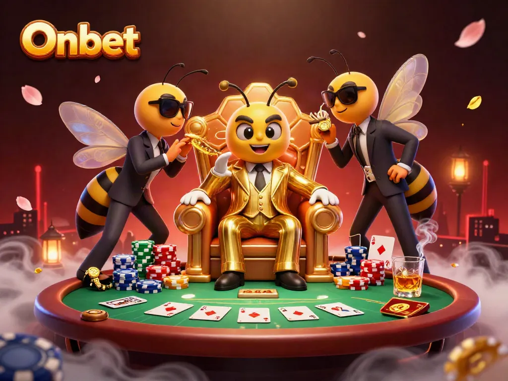 Experience the thrill of Onbet with a cartoon boss and gaming elements in a dynamic casino setting.