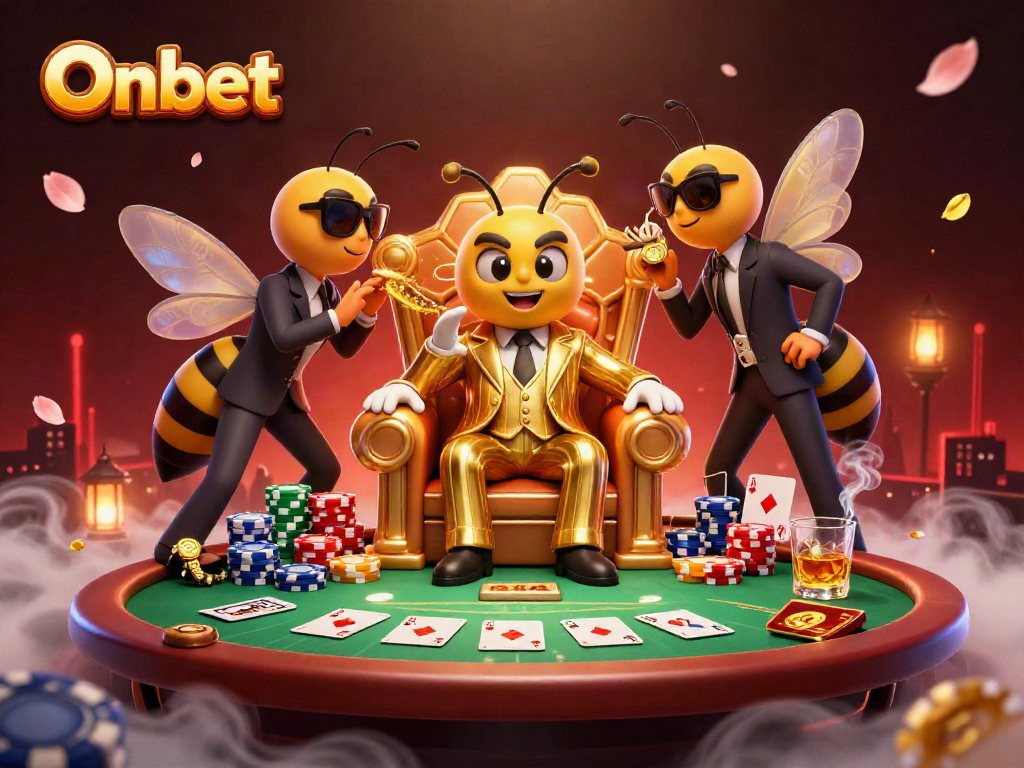 Experience the thrill of Onbet with a cartoon boss and gaming elements in a dynamic casino setting.