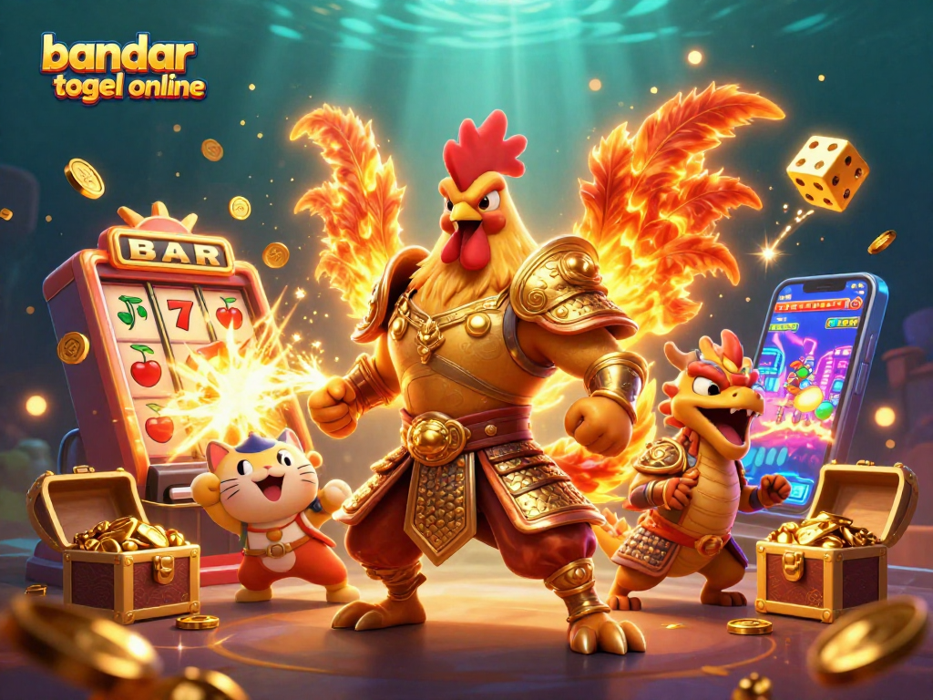 Engage with bandar togel online as a captivating scene featuring a powerful rooster and dragon, bursting slot machine, and golden treasures.