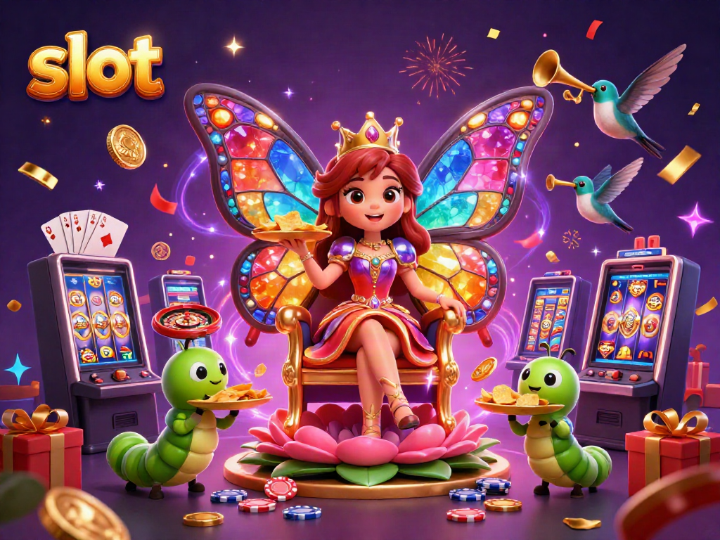 Engaging slot-themed scene showcasing the butterfly queen amidst slot machines and celebratory elements.