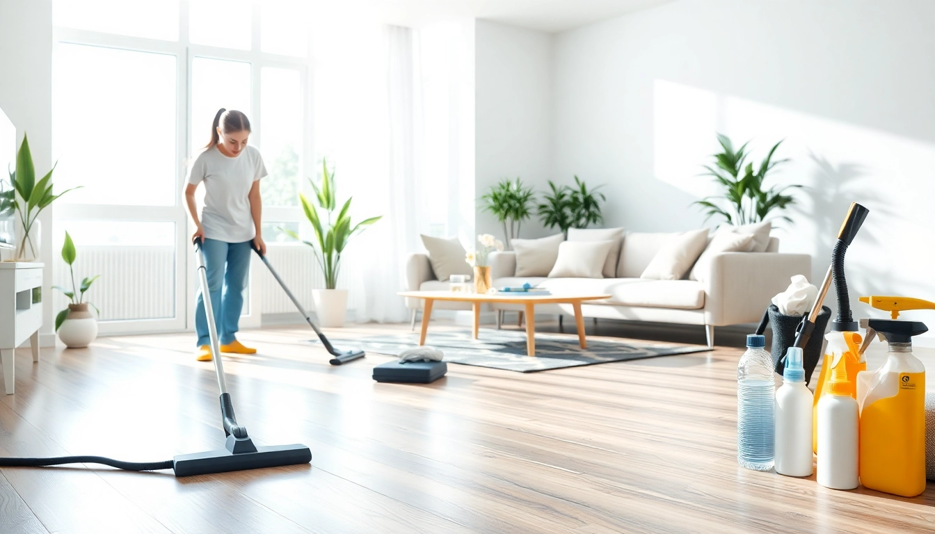 Engaging in bond cleaning with professional tools in a bright, clean living room setting.