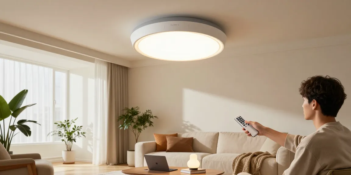 Lustra cu telecomanda iluminând un living elegant, cu o persoană ajustându-i funcțiile.