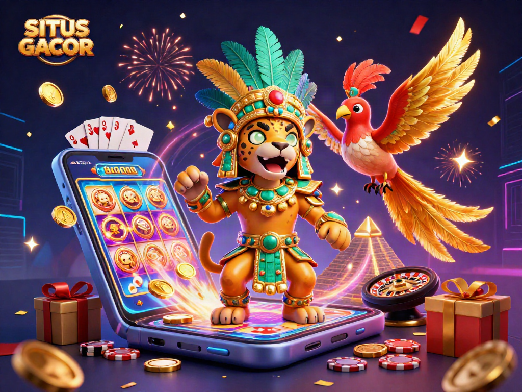 SITUS GACOR showcases an exciting casino scene with dynamic slot games and colorful celebrations.