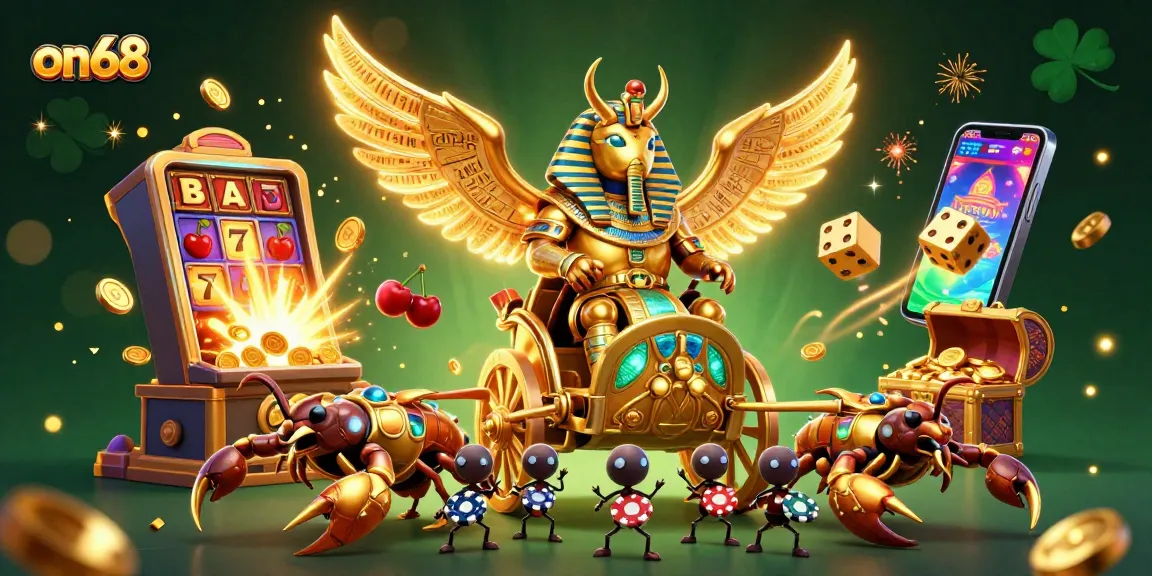 Engage with on68's vibrant gaming world through a vibrant 3D casino illustration showcasing unique characters and dynamic game elements.