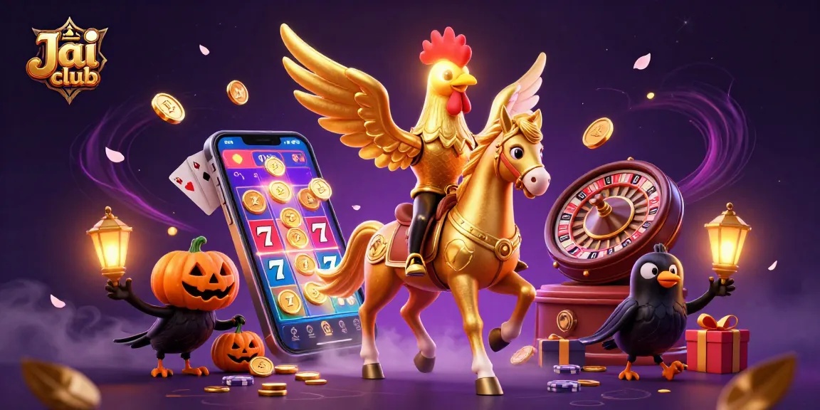 Immerse in Jai club's vibrant casino atmosphere featuring a golden rooster and slot game elements.