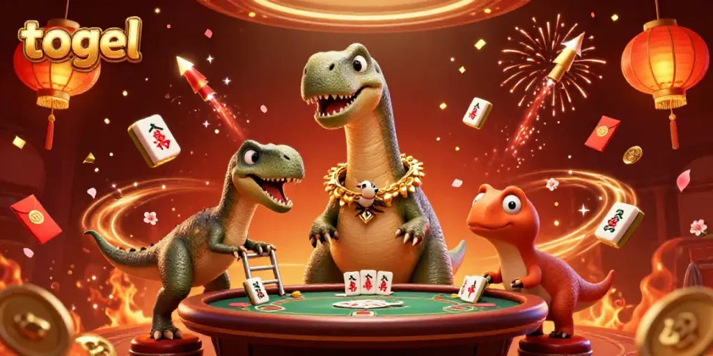 Engage with togel excitement through a colorful 3D casino scene featuring a towering brontosaurus and a card-dealing raptor.